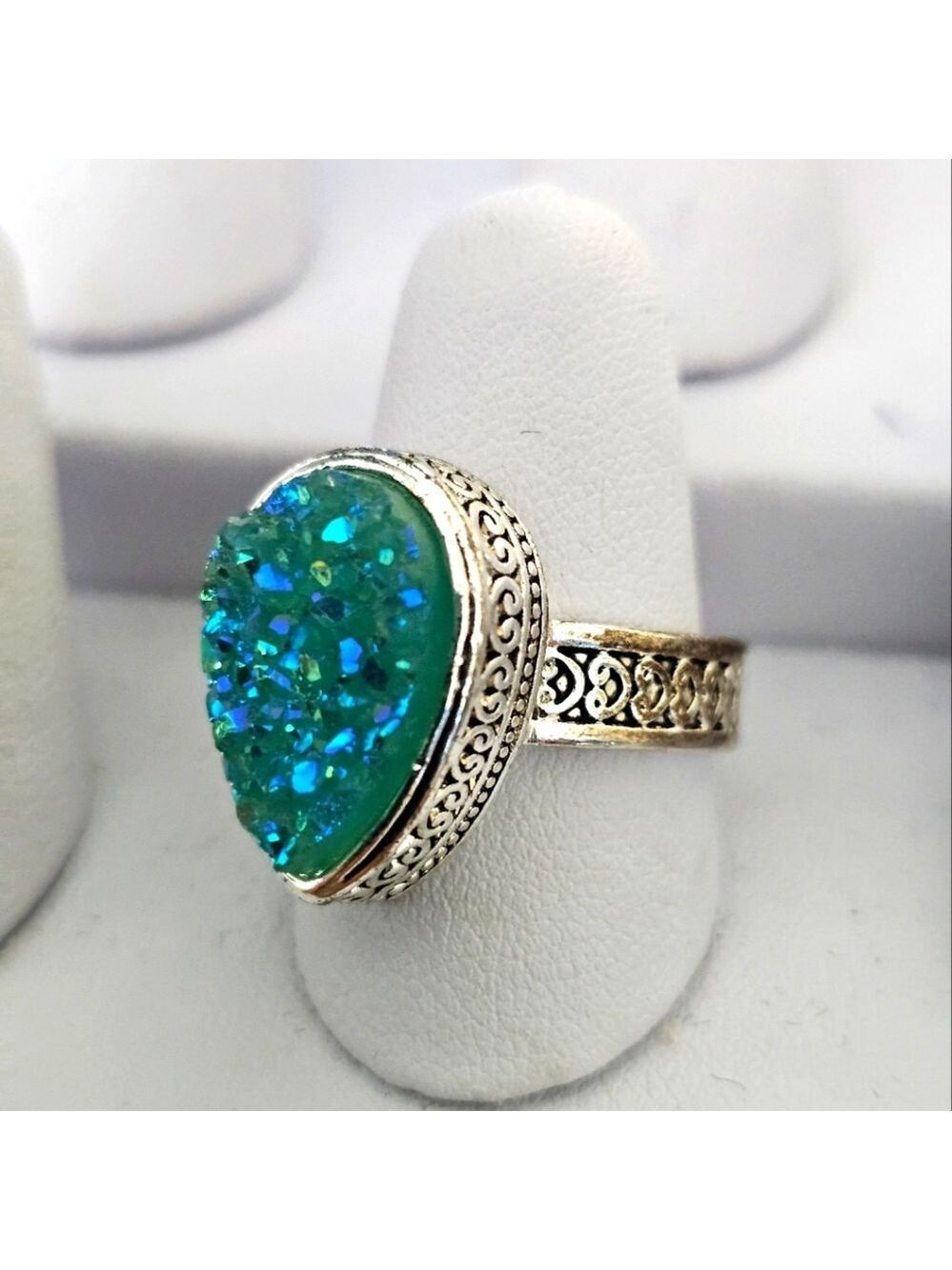 SILVER Vintage Style Sky Blue Rainbow Titanium Druzy Teardrop Ring Size 9 NWOT